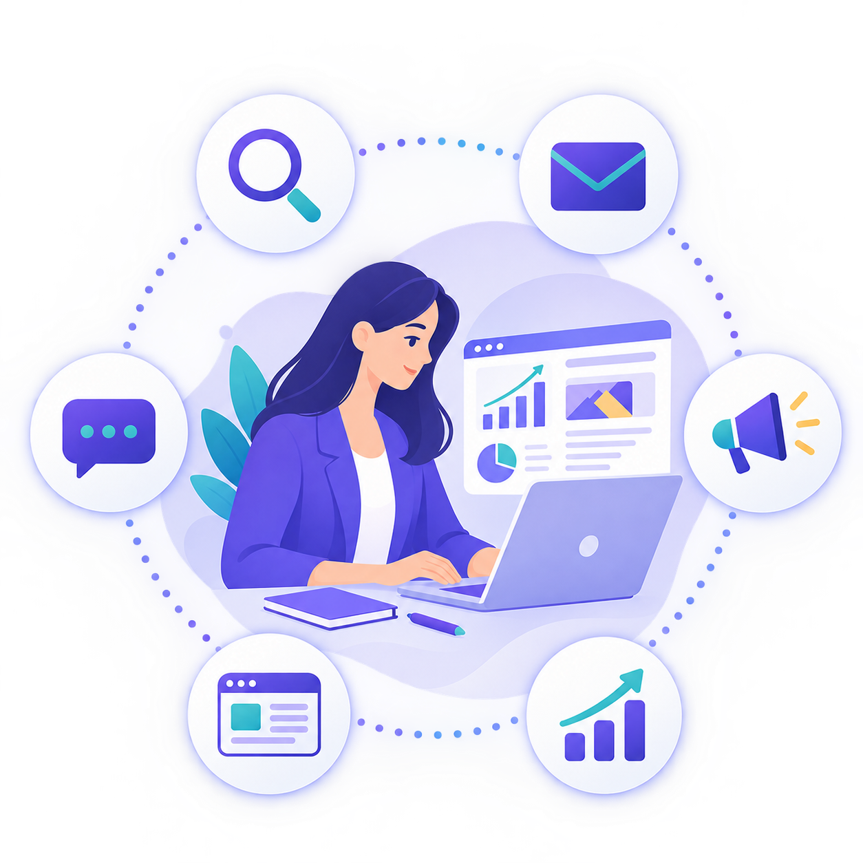 Illustrazione di una professionista del digital marketing al computer, circondata da icone di SEO, email, social, sito web e analisi dei dati